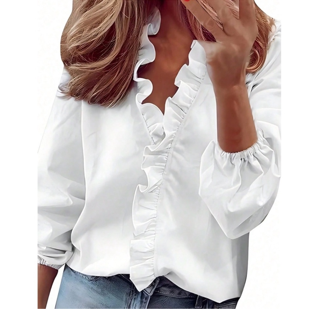 Classic White Solid Ruffle Detail V Neck Long Sleeve Top S M L XL XXL